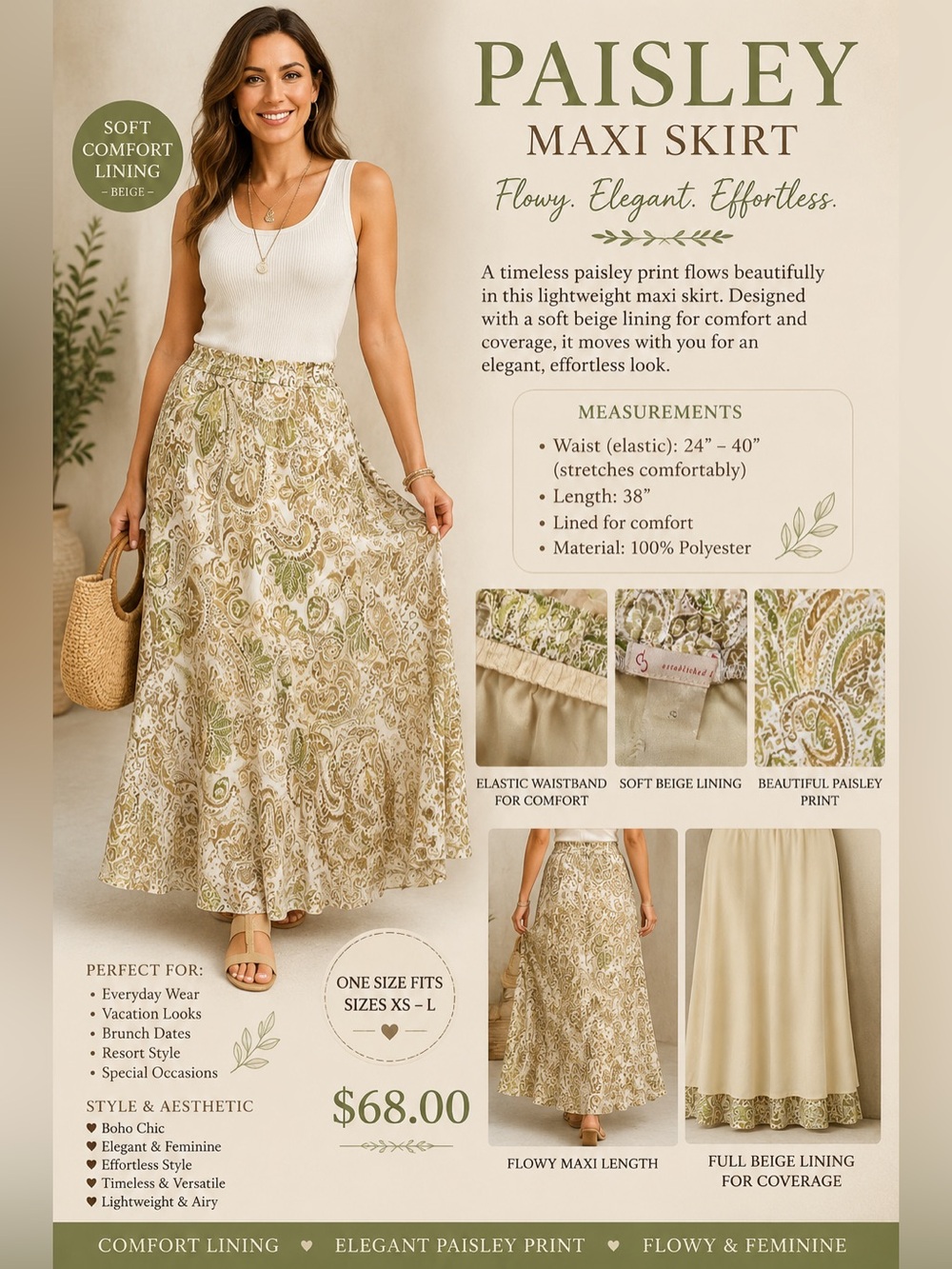 Paisley Maxi Skirt in Olive and Cream